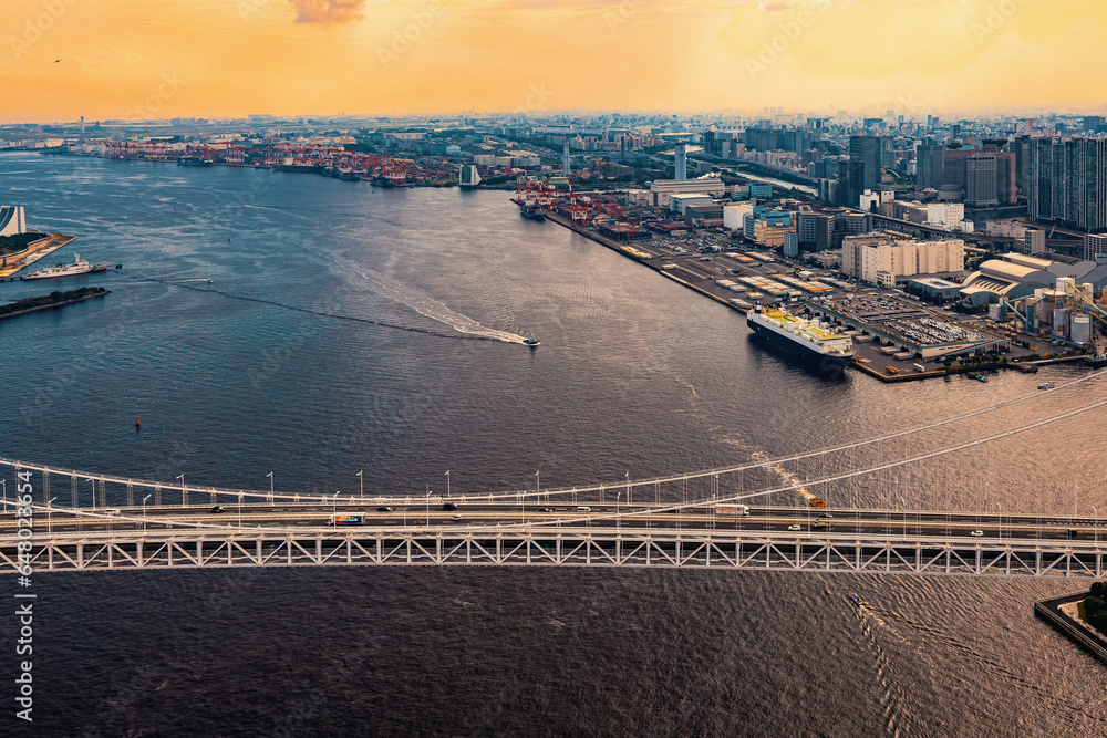 Aerial view of the Rainbow Bridge in Odaiba, Tokyo, Japan