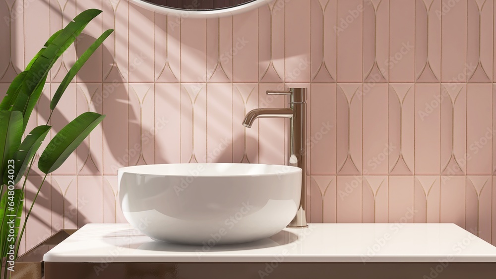 White stone vanity counter, modern bowl washbasin, faucet, tropical banana tree in sunlight, shadow on pink subway tile for luxury beauty, cosmetic, skincare, body care product display background 3D