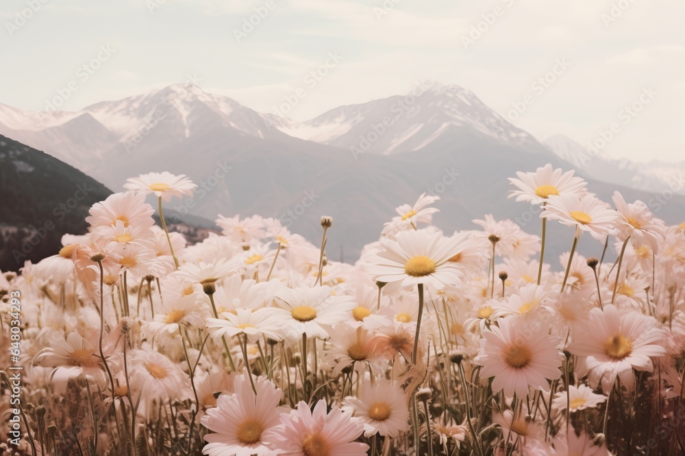 daisies in the sunset light against the background of mountains