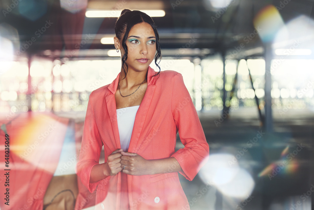 Business woman, corporate fashion and thinking in the city with entrepreneur and ideas. Female professional, lawyer style and lens flare with confidence and morning commute in urban parking lot