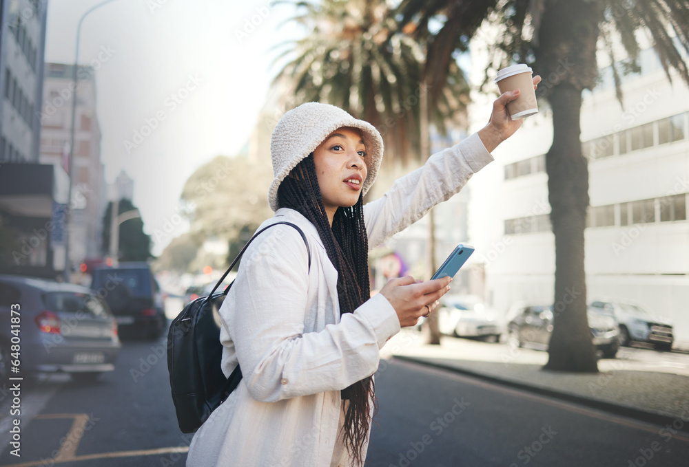 Road, taxi wave and woman with travel, coffee and phone with waiting in New York. Vacation, city street and urban with a female person with traveling and vacation on a trip for holiday adventure