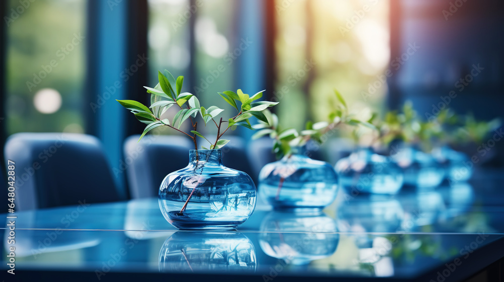 Modern minimalist corporate conference room with glass table in blue shades. Generative AI