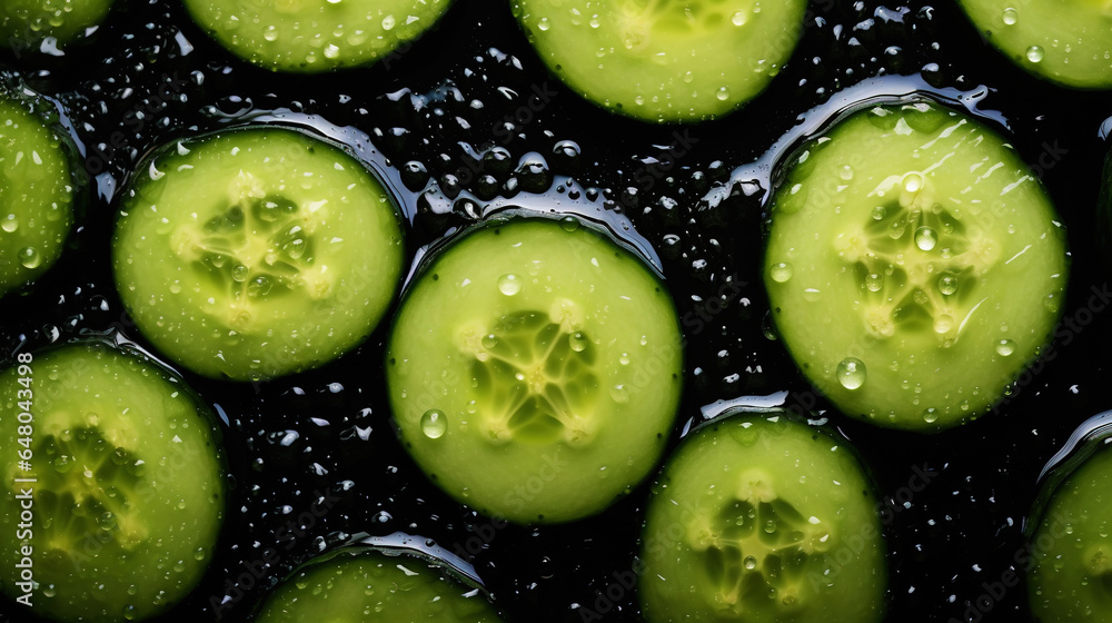 Fresh green cucumber slices with water drops background. Vegetables backdrop. Generative AI