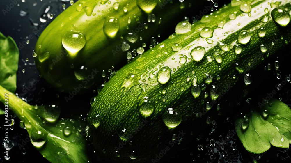 Freshgreen zucchini or courgettes with water drops background. Vegetables backdrop. Generative AI