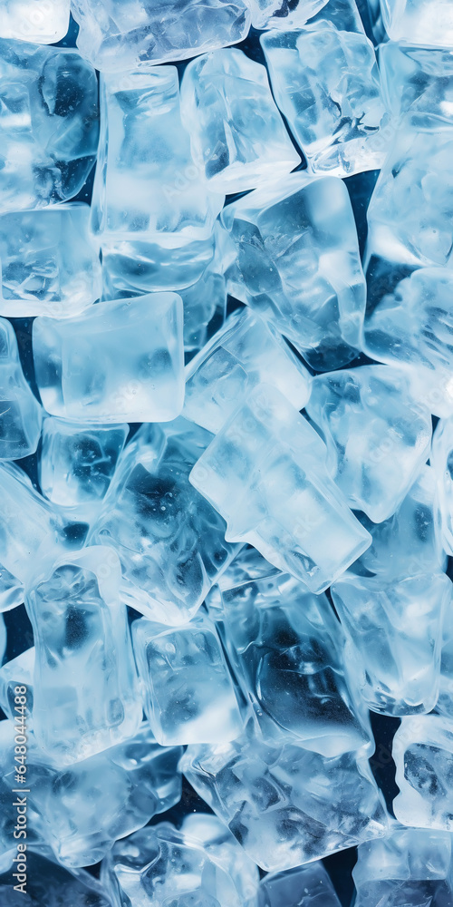 Ice cubes bluish background. Frozen water. Cold fresh concept. Generative AI