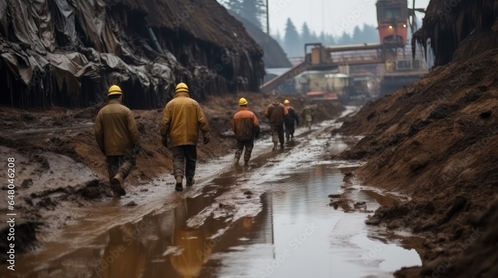 Group of miners walking out of the mine, workers are walking on a muddy quarry road, Under ground in a tunnel.