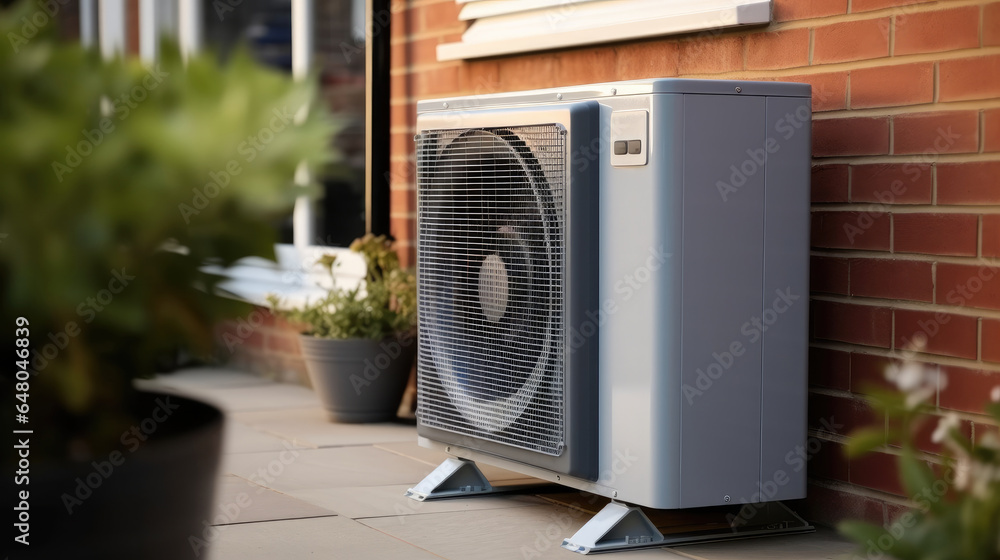 Air source heat pump heating unit installed on the outside of a house. Sustainable and clean energy at home.