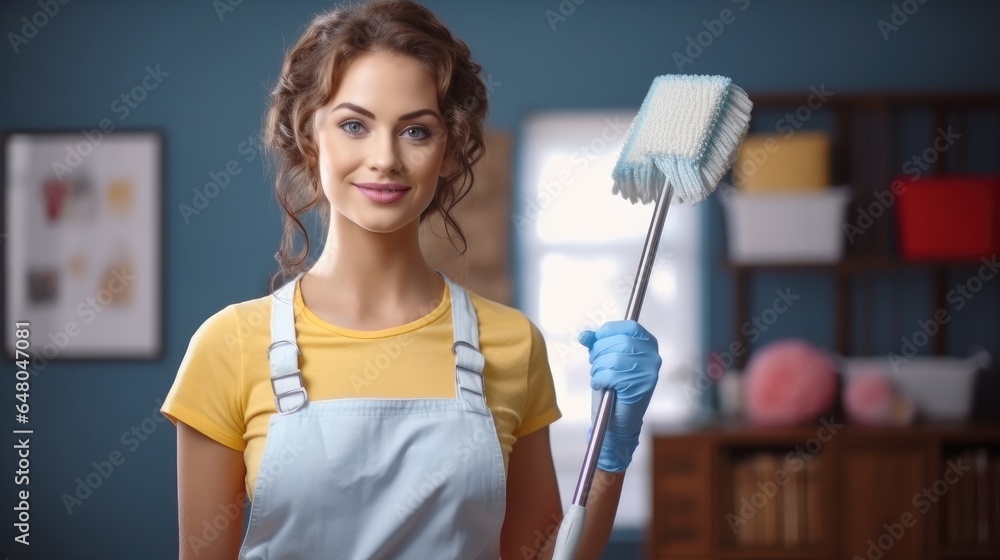 Beautiful young housewife, Cleaning concept.