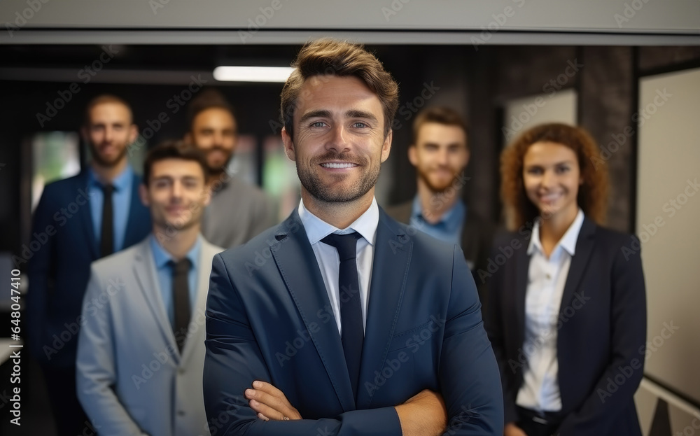 Portrait of confident mature good looking middle aged leader, CEO businessman in suit on office multiethnic employees background.