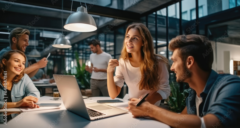 Business women talking to male colleague, informal meeting in office.