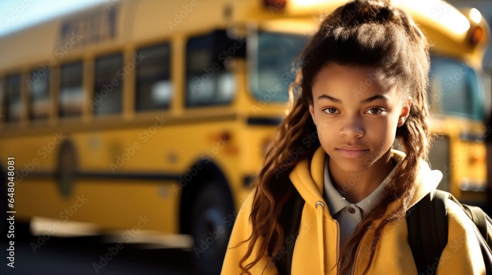 Beautiful schoolgirl with backpack standing in front of yellow school bus.