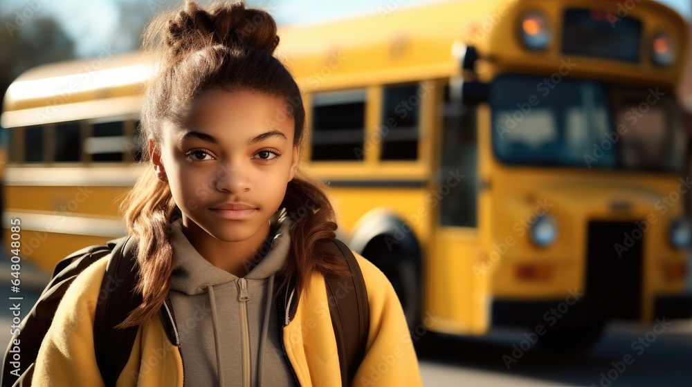 Beautiful schoolgirl with backpack standing in front of yellow school bus.