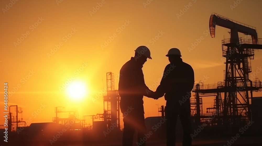 Two engineers of the oil and gas industry are sun discussing a business plan, Oil production.