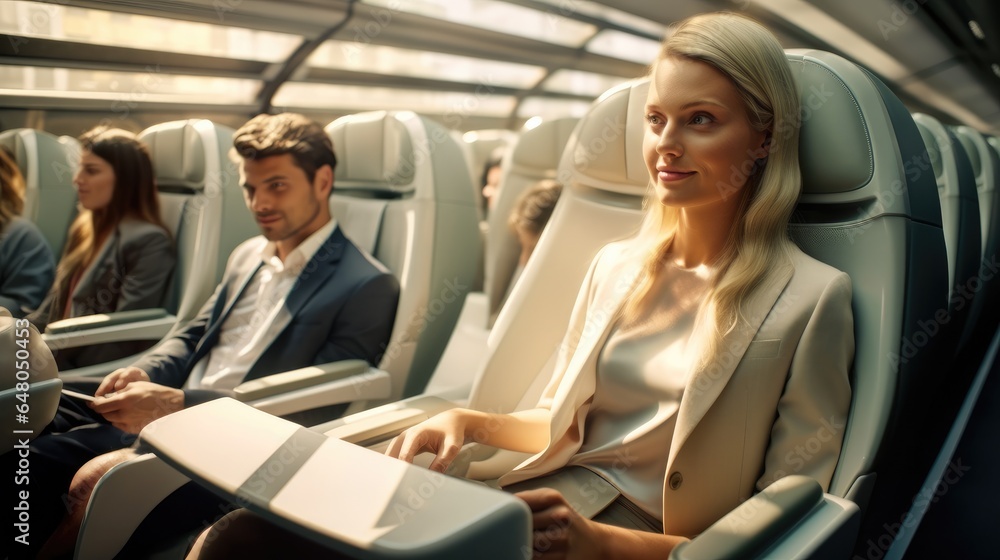 Passengers in modern high-speed train, Rail travel.