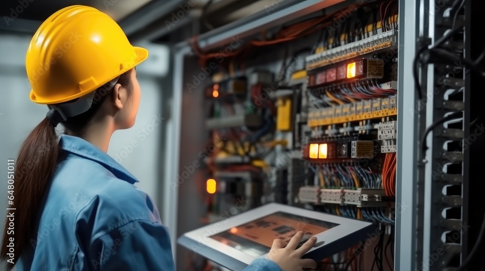 Electrical Engineer woman working check service maintenance electricity main circuit fuse and power system in system control room.