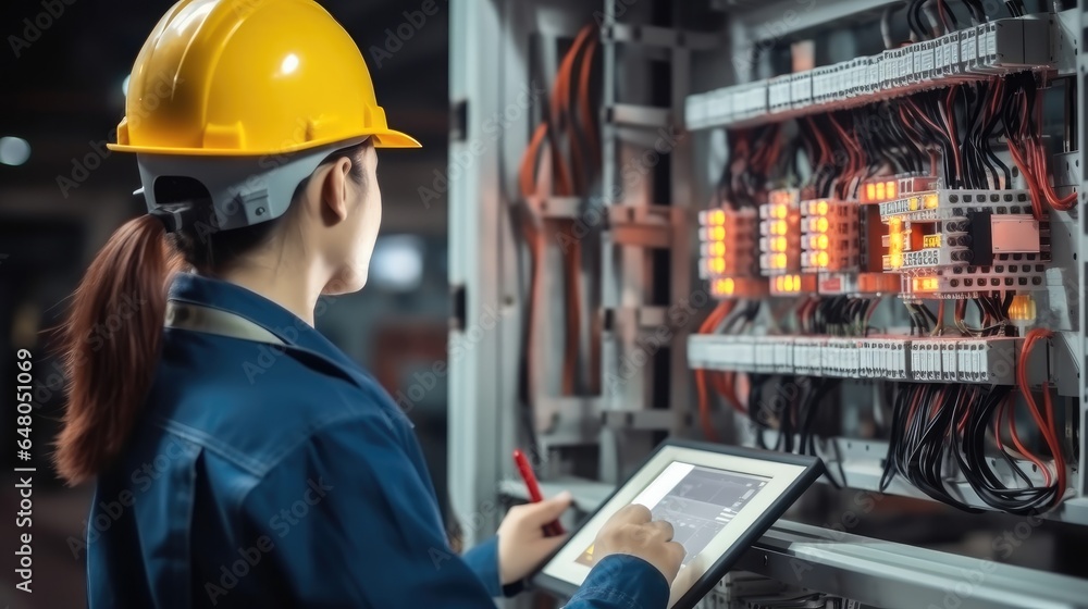 Electrical Engineer woman working check service maintenance electricity main circuit fuse and power system in system control room.