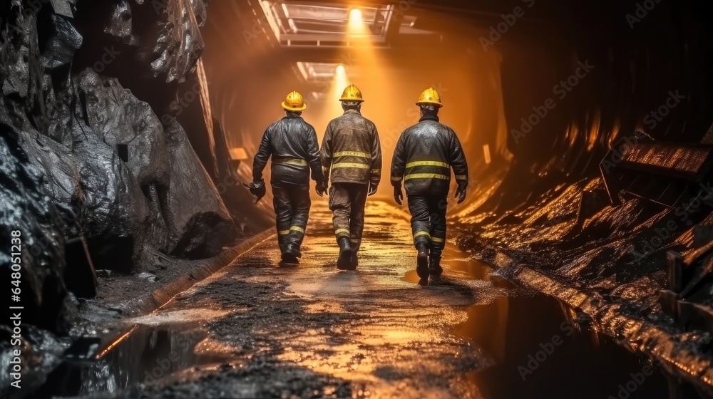 Industry concept, Group of workers are walking through a tunnel at a mining site, Worker under ground in a tunnel.