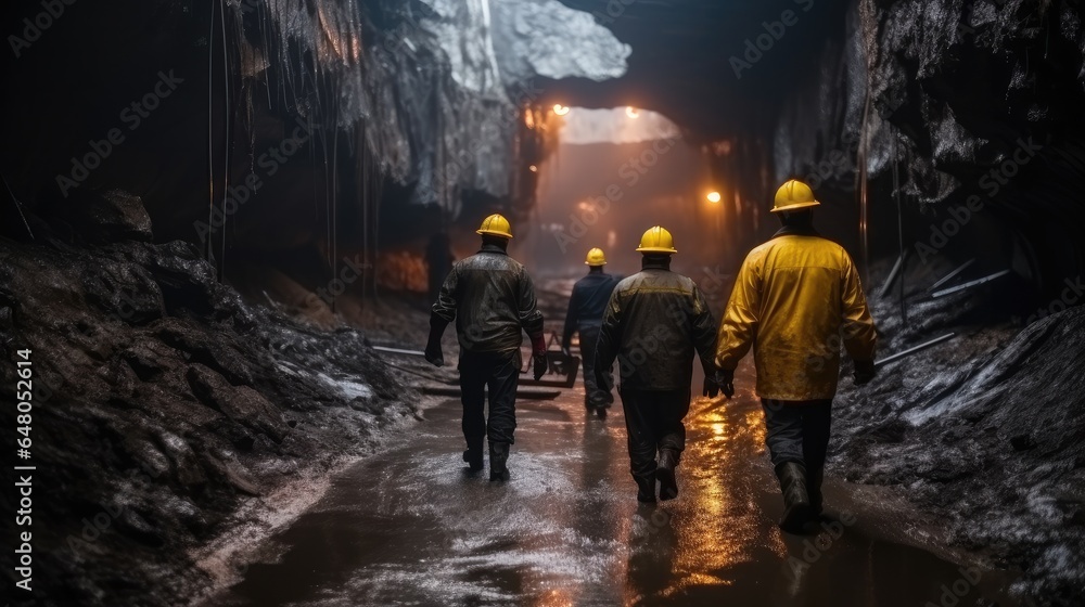 Mining industry, Group of workers are walking through a tunnel at a mining site.