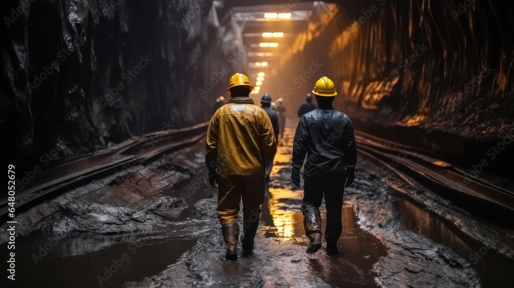 Mining industry, Group of workers are walking through a tunnel at a mining site.