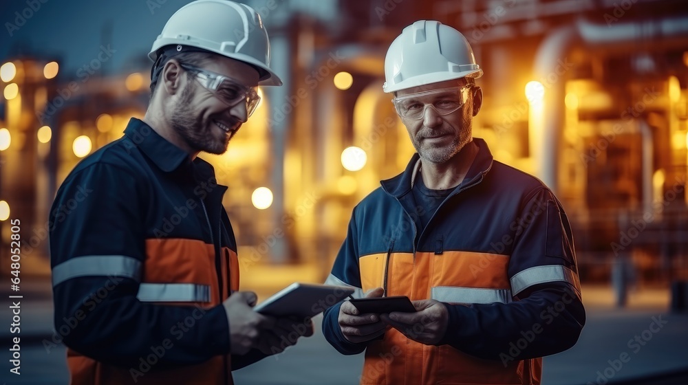 Engineer using a tablet remote inspection and performance testing at oil refinery, Oil production concept.