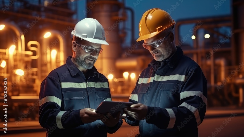 Engineer using a tablet remote inspection and performance testing at oil refinery, Oil production concept.