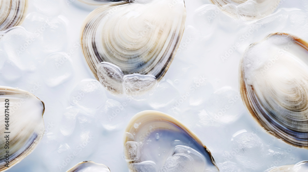 Top view on fresh clams in ice cubes. Sea food background. Generative AI