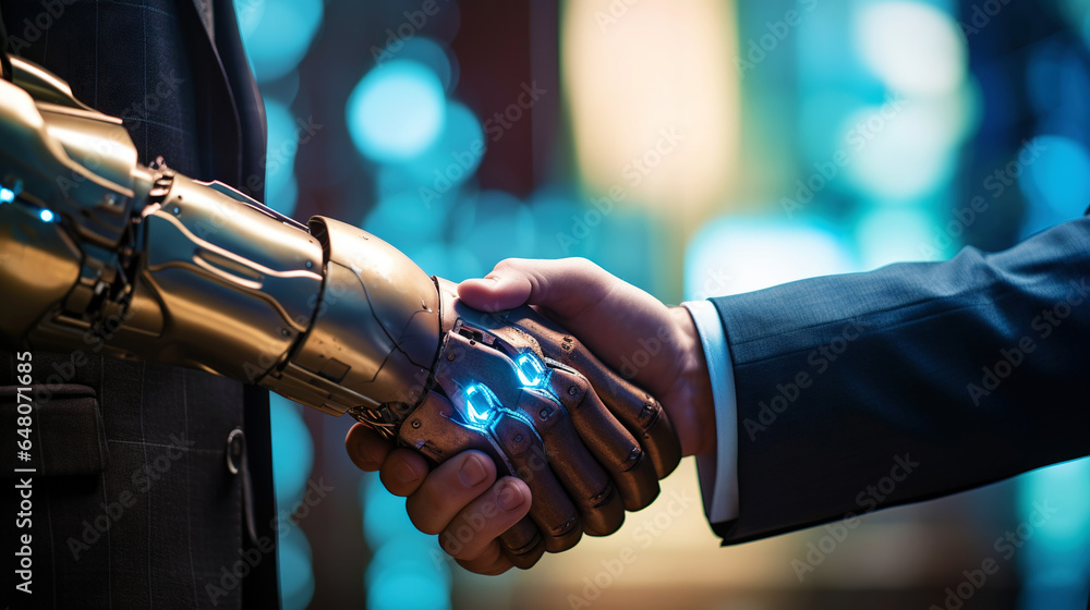 Business handshake of human and robot. Collaboration of artificial intelligence and man. Generative AI