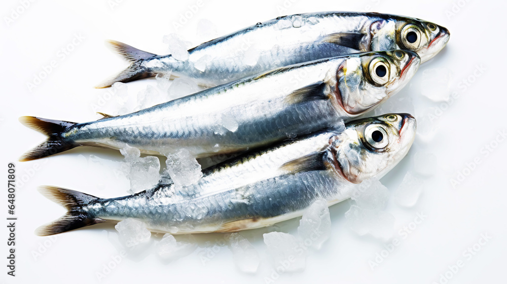  Fresh sardines on ice. Seafood background. Generative AI