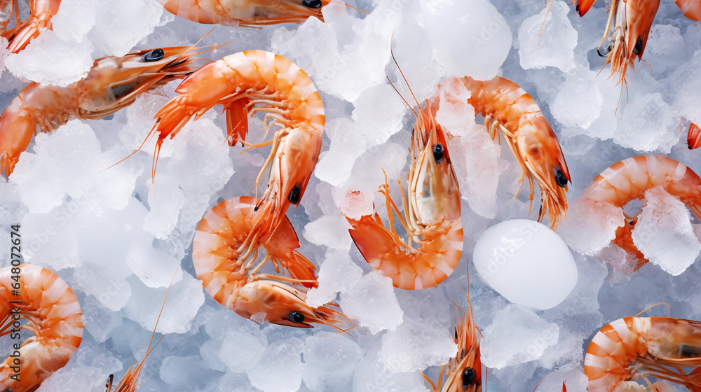 Top view of raw whole king prawns on ice. Seafood background. Generative AI