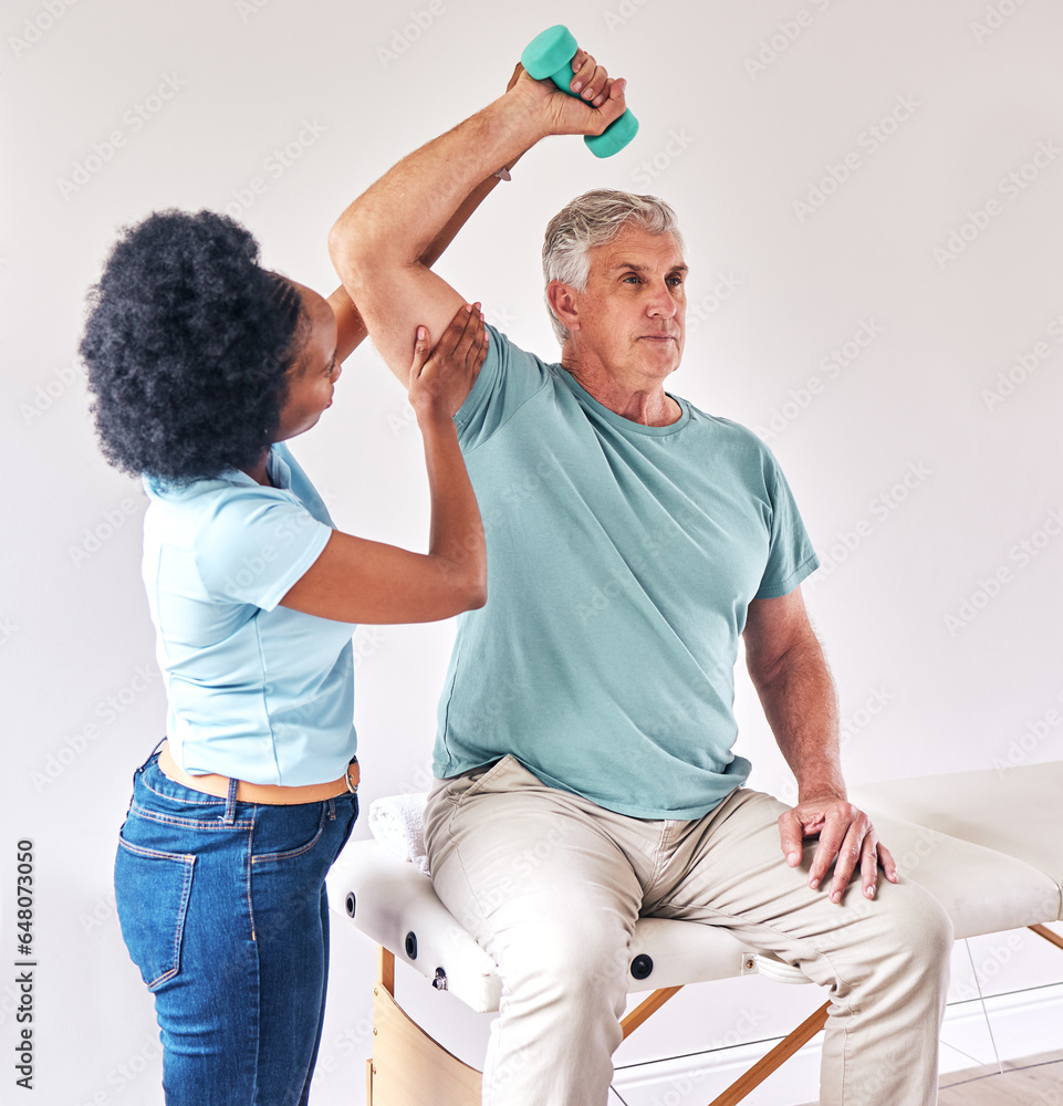 Physiotherapy, workout and senior with dumbbell for wellness and muscle training on bed with black woman. Healthcare, physiotherapist and old man with exercise for healing help, support and fitness