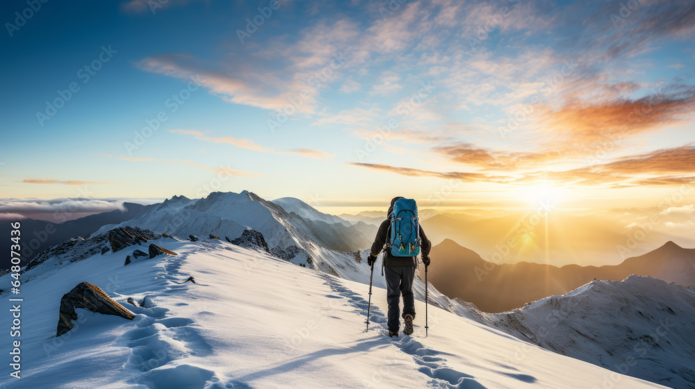 Hiker trekking along a snowy ridge in winter on sunny day , his silhouette outlined against the bright sky and white snow