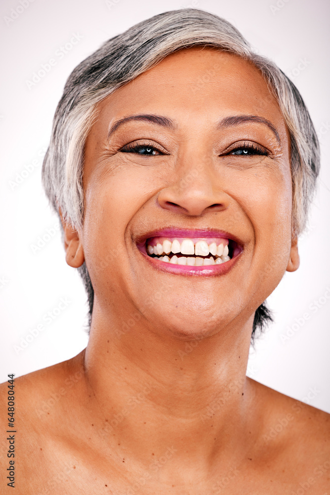 Senior, happy woman and portrait with teeth in dental, hygiene or skincare against a studio background. Closeup or face of mature female person smile for tooth whitening, mouth or oral and gum care