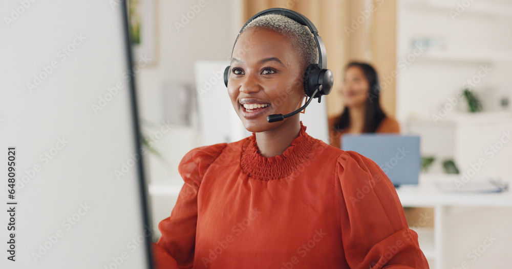 Call center, black woman and consulting at computer in office for CRM questions, FAQ contact and IT support. Happy telemarketing agent at desktop for sales advisory, telecom solution and offer help