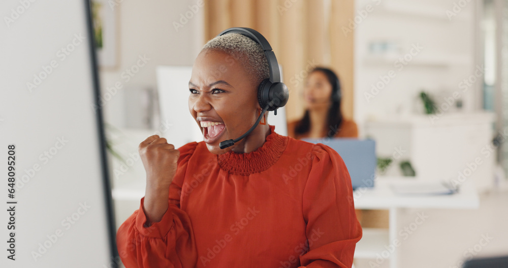 Winner, success and motivation with a black woman in a call center for customer service or support. Wow, target and celebration with a young employee consulting in a crm or telemarketing office