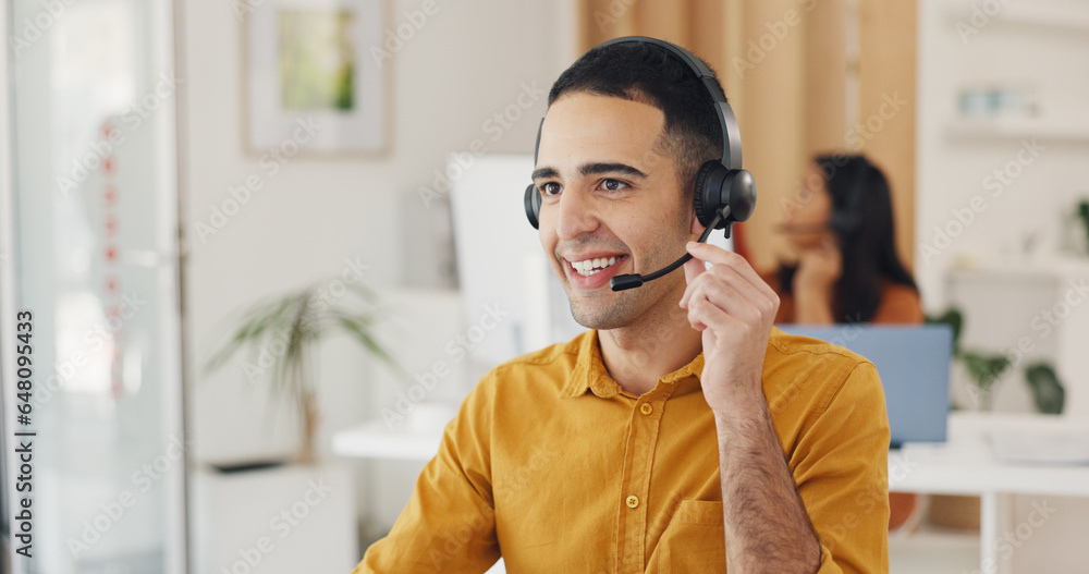 Call center, man and online consulting in office for CRM questions, FAQ contact and IT support. Happy telemarketing agent with communication for sales advisory, telecom solution and offer client help