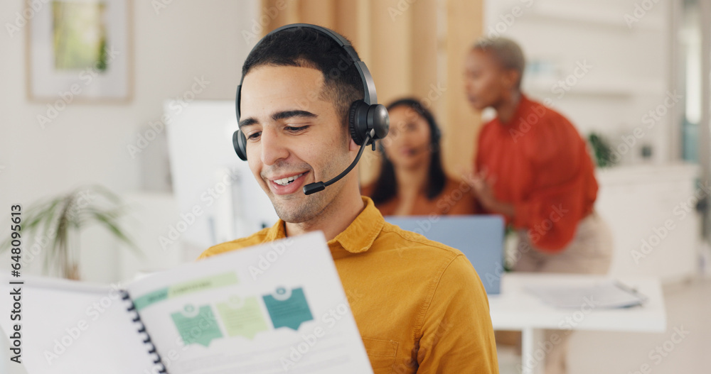 Call center, man and consulting documents in office for CRM report, FAQ proposal and IT support. Telemarketing agent reading notes, information folder and planning sales advisory for telecom solution