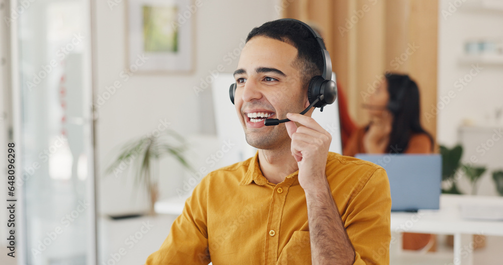 Call center, man and happy online consulting in office for CRM questions, FAQ contact and IT support. Telemarketing agent with communication for sales advisory, telecom solution and offer client help