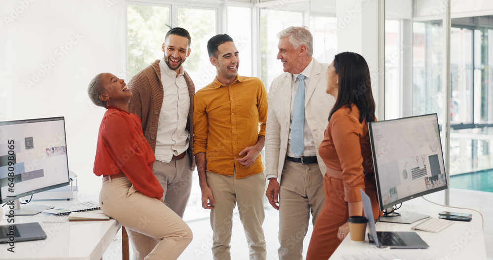 Group, happy business people in office and conversation with pride, sales revenue goals or growth. Diversity, team work or employees with motivation, mission or our vision for project planning