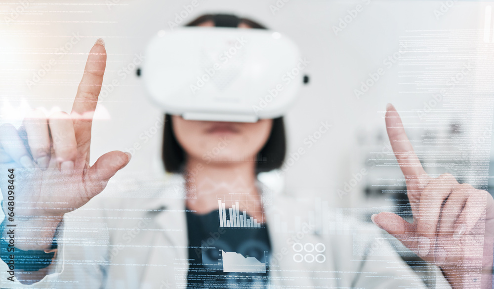 Virtual reality, overlay and hands of scientist in laboratory for digital transformation and medical research on hologram. Woman, tech growth in science and futuristic vr with web innovation for work