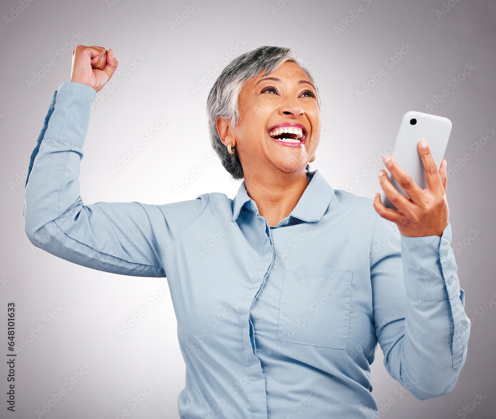 Business woman, wow and phone celebration for success, power and yes with news, bonus or winning in studio. Happy manager or excited winner on mobile for achievement or job goals on white background