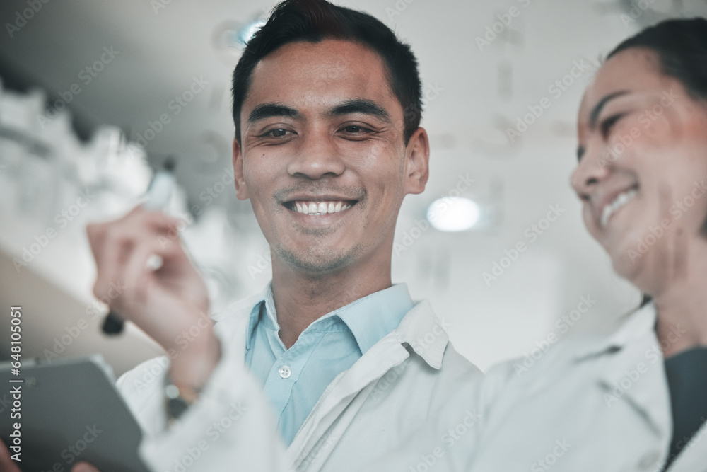 Happy scientist, writing and teamwork in planning, theory or formula on glass board in laboratory. Man and woman in science strategy, scientific discovery or team plan for brainstorming ideas at lab