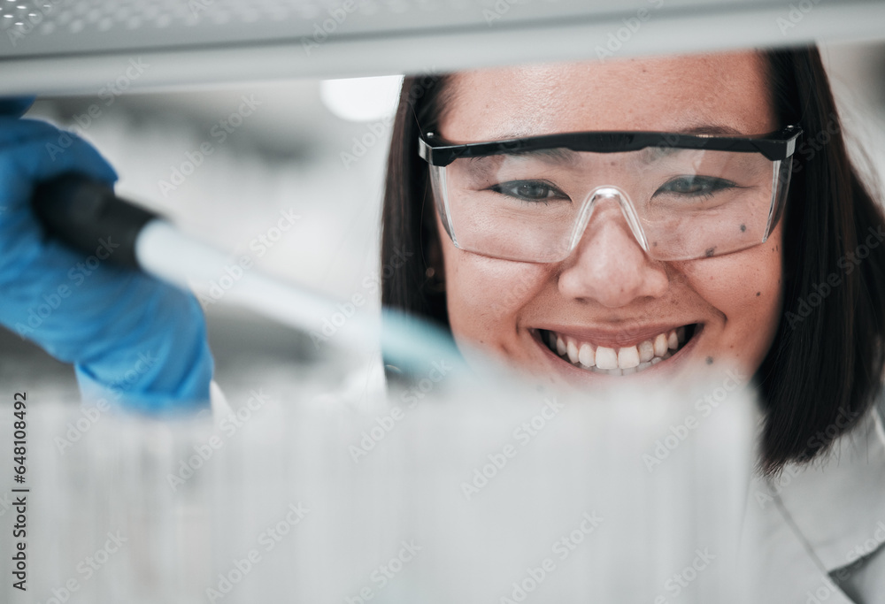 Test tubes, scientist smile and woman with investigation, and science research success of Asian person. Laboratory, professional and healthcare worker with medicine and liquid check for hospital test