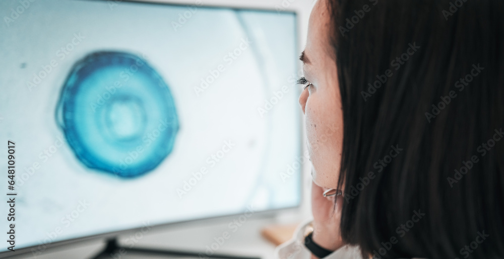 Computer, screen and woman in laboratory for website, innovation and medical research. Healthcare pc, pharmaceutical and worker reading online for medicine, biotechnology and medicine service