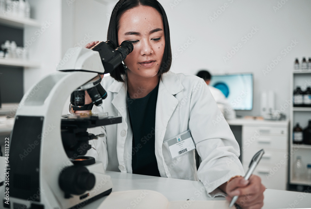 Microscope, woman and writing in laboratory for science research, dna analysis and notes. Asian scientist, biotechnology and review investigation, test report and check lens for assessment results