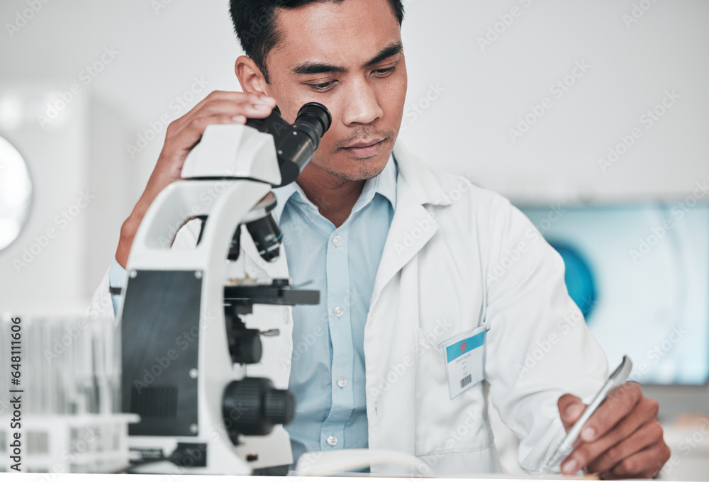 Scientist, microscope and man writing report, test results and research data for medical analysis of DNA in laboratory. Biotechnology, science and doctor with checklist, documents or healthcare study