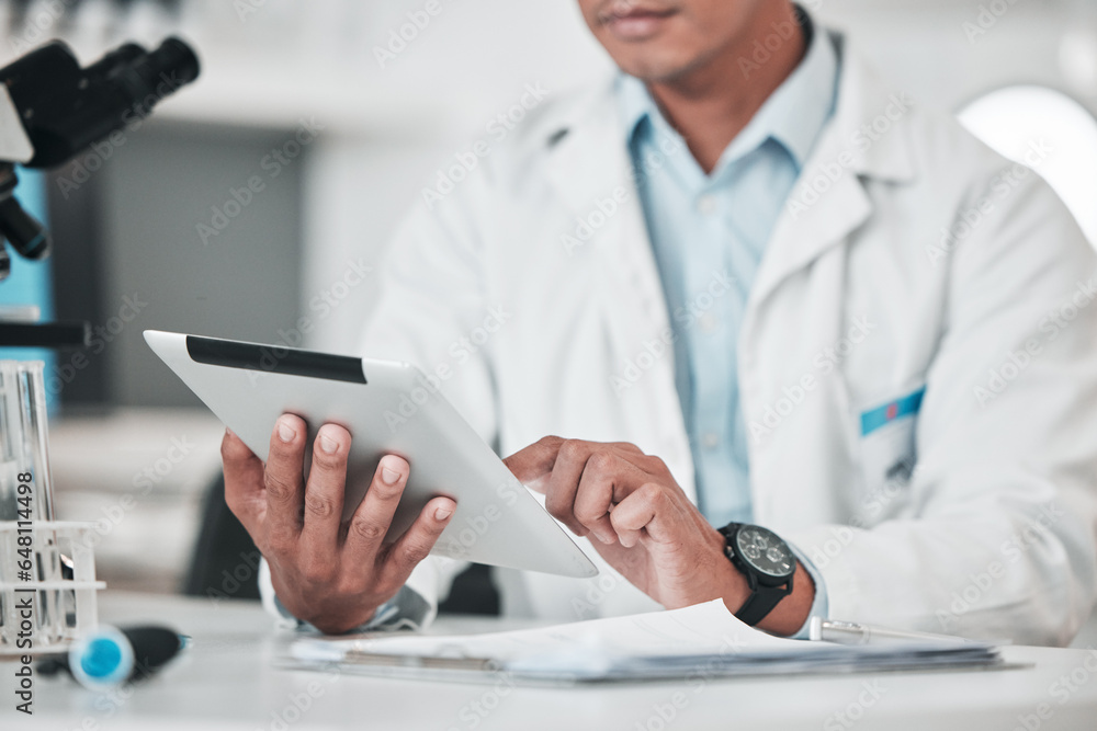 Man, hands and tablet in science laboratory for chemistry development, research and medical software for investigation. Closeup of scientist, digital analysis and test for biotechnology report online