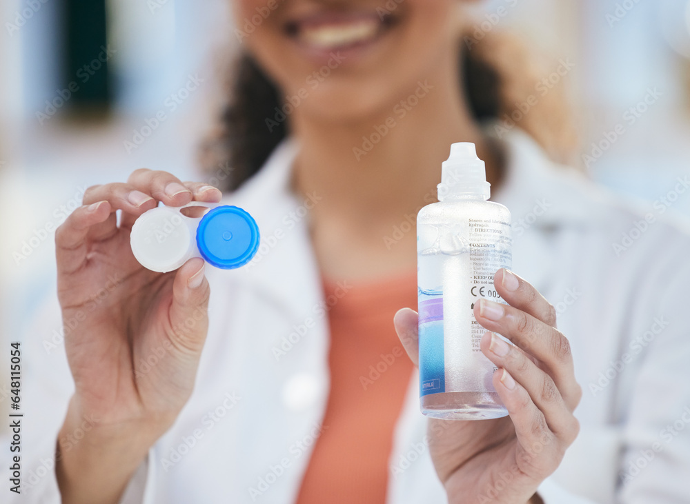 Optometry, contact lens and solution in hands, container and healthcare with eye care and wellness closeup. Person with bottle, vision and optometrist at clinic, case for lenses with advice and help