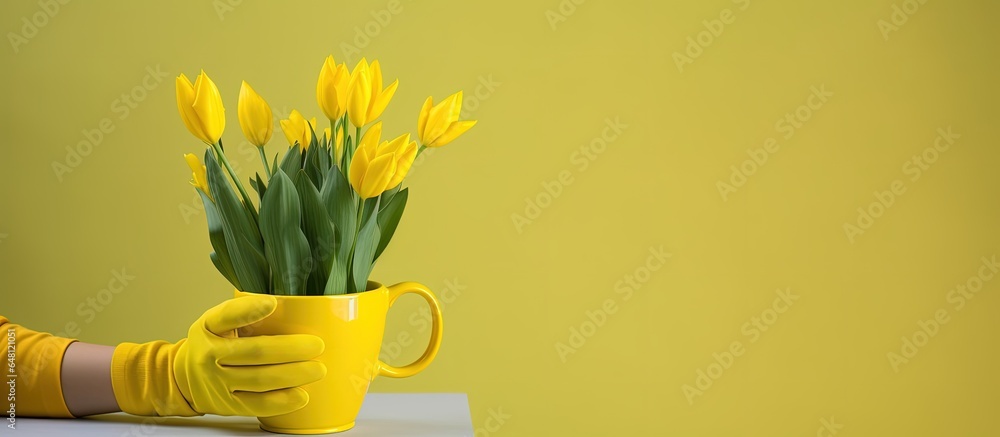 Woman cleaning ceramic flower pot with yellow gloves spring cleaning illustration