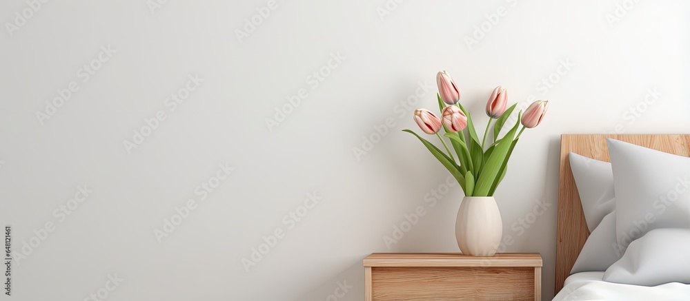 Tulips in bloom beside wooden bench in bedroom