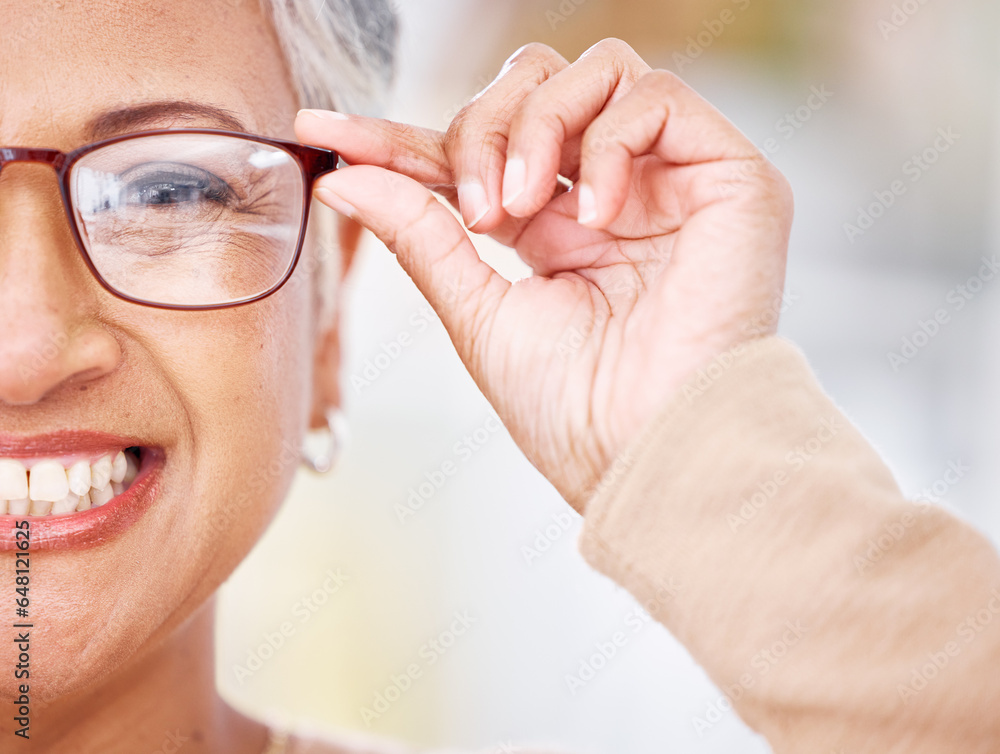 Glasses, senior woman and portrait of a happy customer shopping for vision lens, eye care or frame. Face closeup, smile or mature person for decision on optometry product choice for eyes or wellness